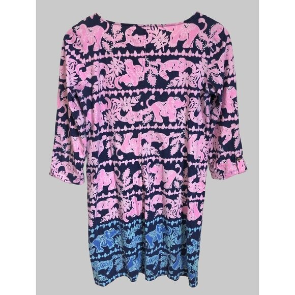 Lilly Pulitzer Animal Print Dress Womens Size S Pink Blue 100% Cotton Elephant - Picture 2 of 8